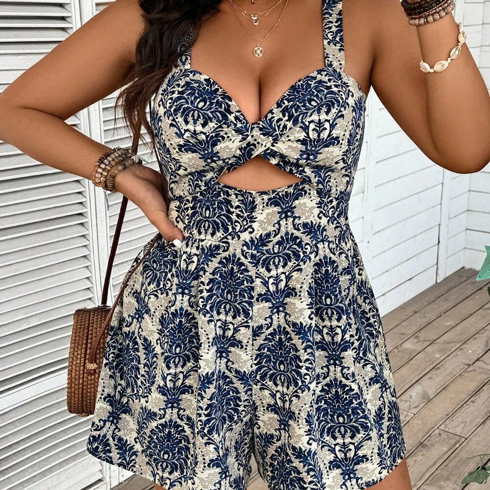 Multicolor Boho Women's Plus Size Floral Print Camisole Romper - Picture 5 of 6